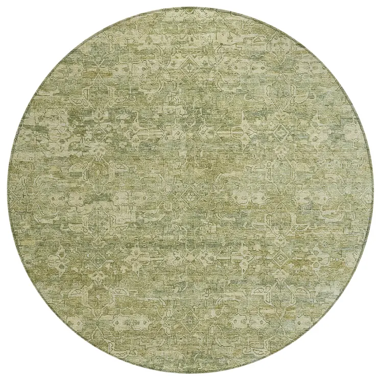 8' Sage And Ivory Round Ikat Washable Indoor Outdoor Area Rug