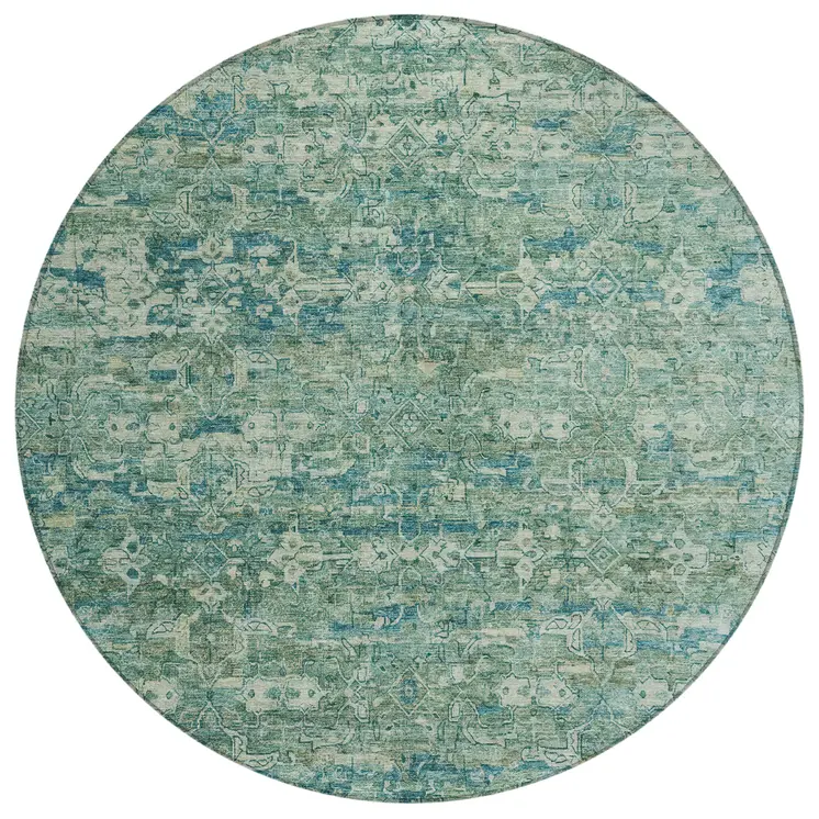8' Teal Blue And Ivory Round Ikat Washable Indoor Outdoor Area Rug