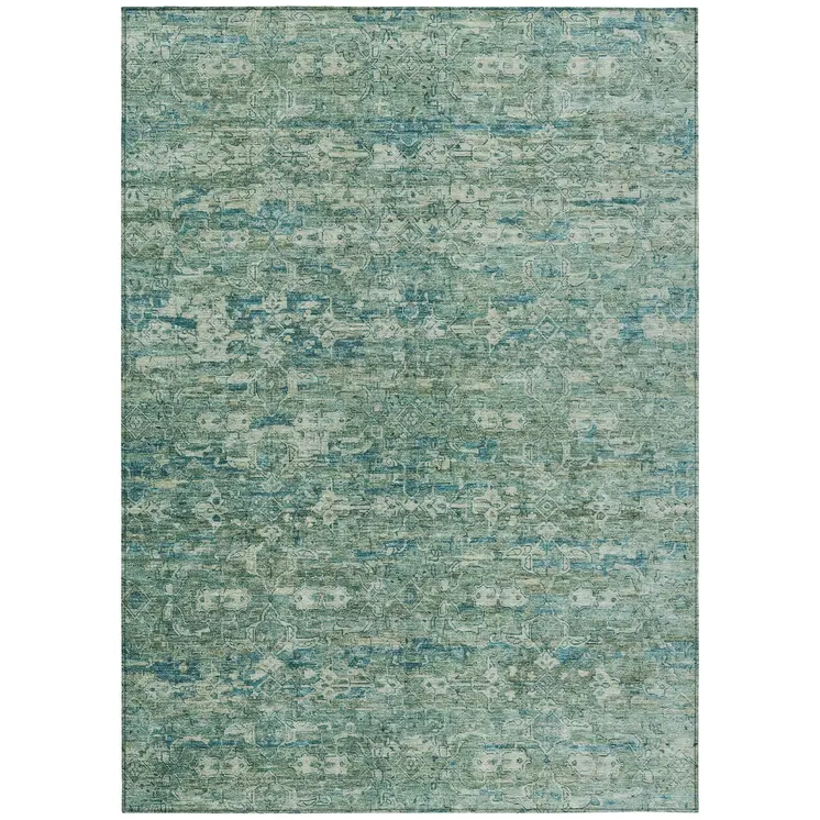 10' X 14' Teal Blue And Ivory Ikat Washable Indoor Outdoor Area Rug
