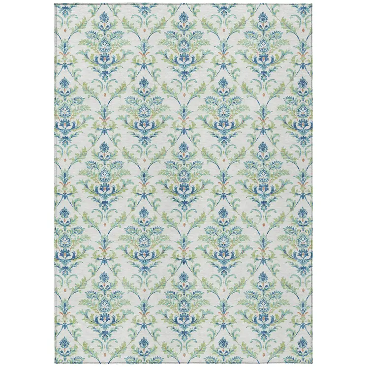 3' X 5' Artichoke Green Ivory And Blue Damask Washable Indoor Outdoor Area Rug