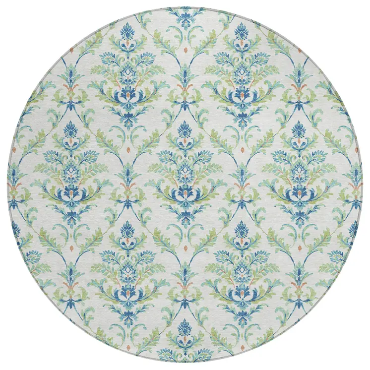 8' Artichoke Green Ivory And Blue Round Damask Washable Indoor Outdoor Area Rug