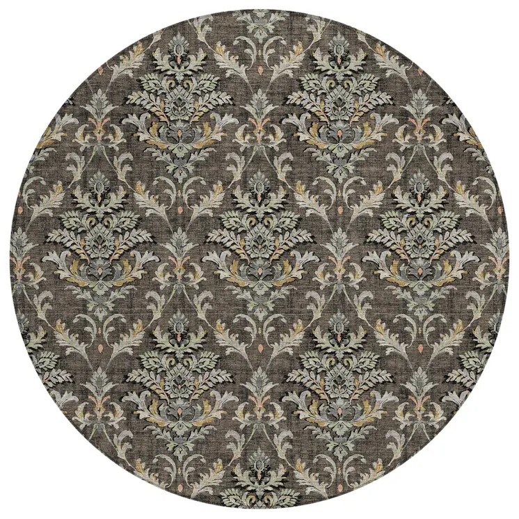 8' Chocolate Copper And Black Round Damask Washable Indoor Outdoor Area Rug