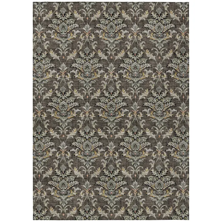 8' X 10' Chocolate Copper And Black Damask Washable Indoor Outdoor Area Rug