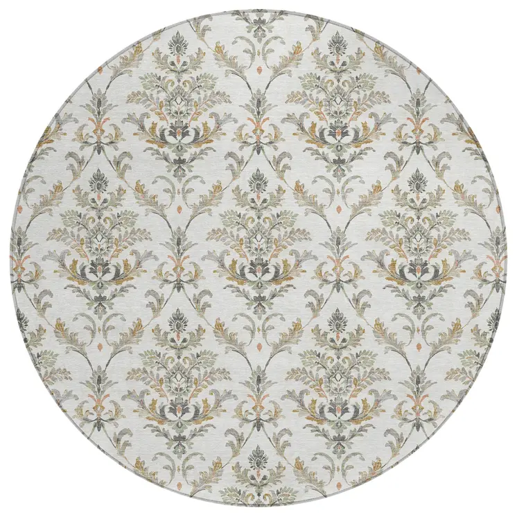 8' Ivory Copper And Gray Round Damask Washable Indoor Outdoor Area Rug