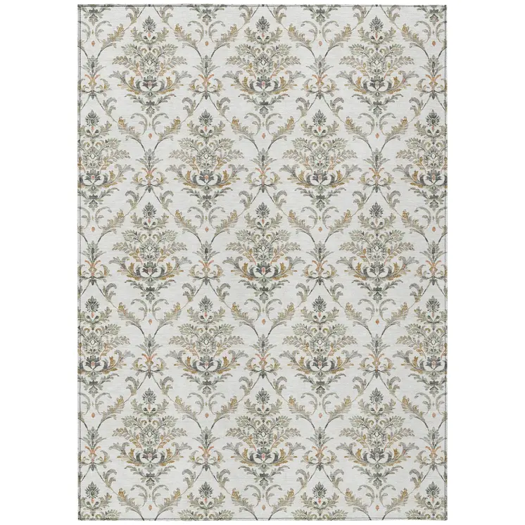 9' X 12' Ivory Copper And Gray Damask Washable Indoor Outdoor Area Rug