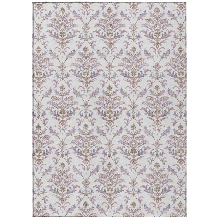 3' X 5' Lavender And Ivory Damask Washable Indoor Outdoor Area Rug