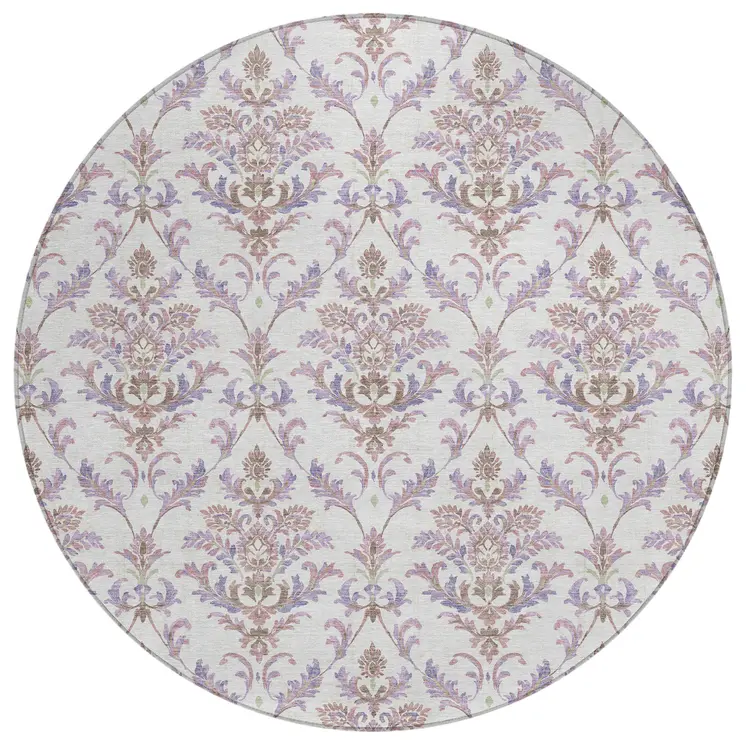 8' Lavender And Ivory Round Damask Washable Indoor Outdoor Area Rug