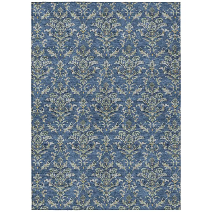 8' X 10' Navy Blue Wheat And Ivory Damask Washable Indoor Outdoor Area Rug
