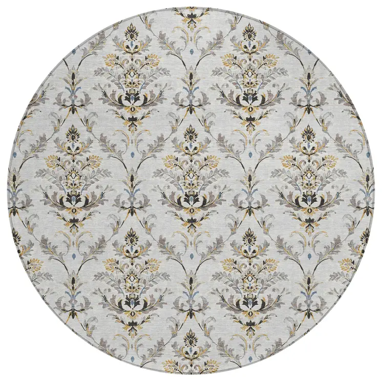 8' Silver Blue And Gray Round Damask Washable Indoor Outdoor Area Rug