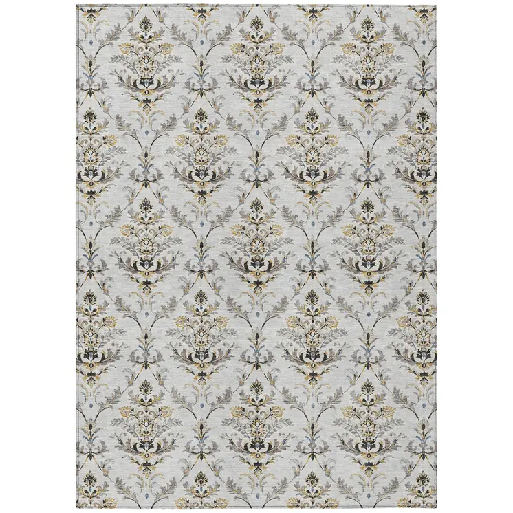 10' X 14' Silver Blue And Gray Damask Washable Indoor Outdoor Area Rug