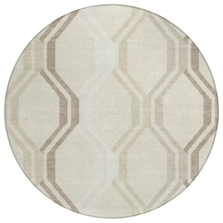 8' Beige And Brown Round Geometric Washable Indoor Outdoor Area Rug