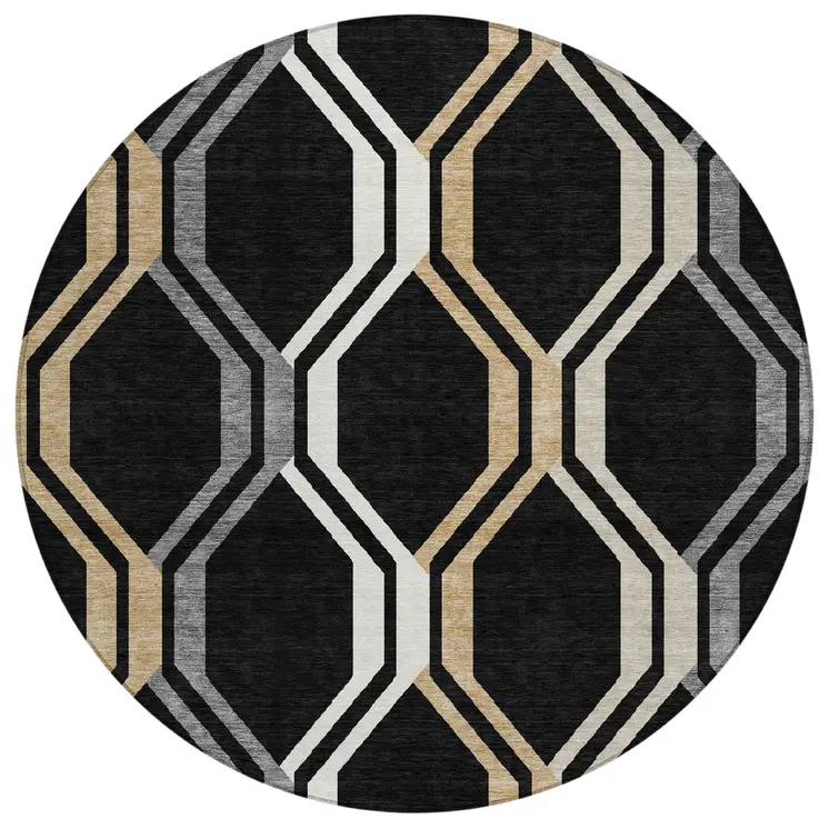 8' Black Beige And Gray Round Geometric Washable Indoor Outdoor Area Rug