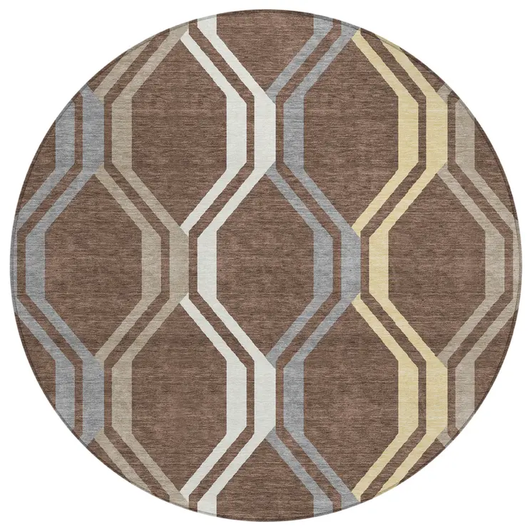 8' Chocolate Gray And Ivory Round Geometric Washable Indoor Outdoor Area Rug