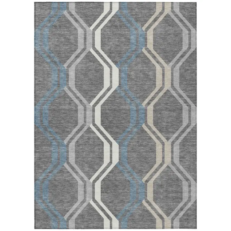 3' X 5' Gray Blue And Ivory Geometric Washable Indoor Outdoor Area Rug