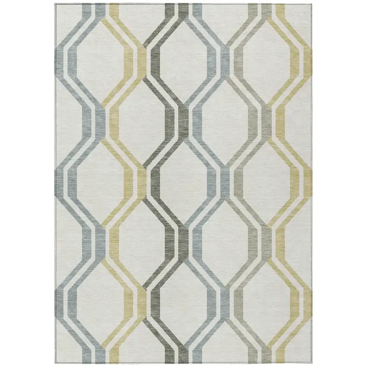 3' X 5' Ivory Gray And Wheat Geometric Washable Indoor Outdoor Area Rug