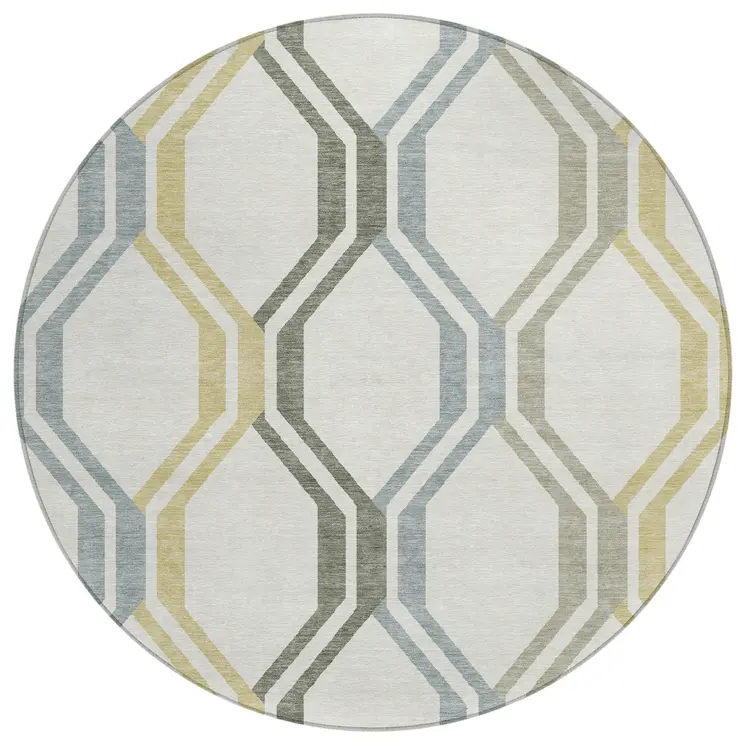 8' Ivory Gray And Wheat Round Geometric Washable Indoor Outdoor Area Rug