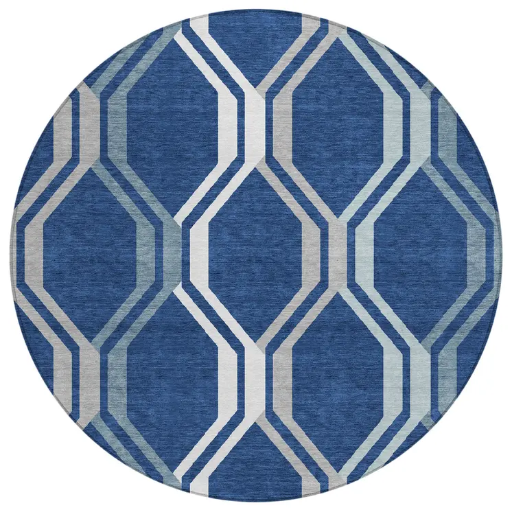 8' Navy Blue And Ivory Round Geometric Washable Indoor Outdoor Area Rug