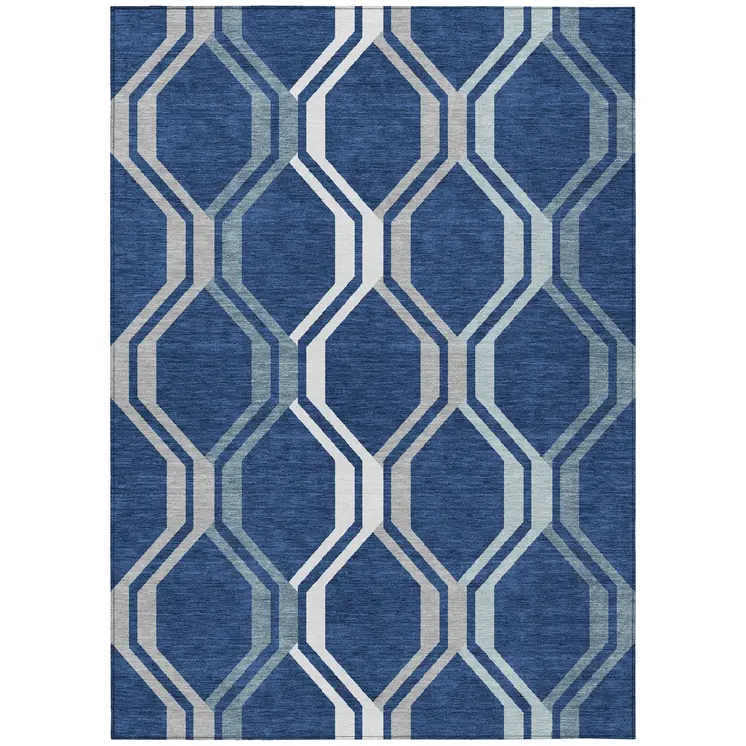 8' X 10' Navy Blue And Ivory Geometric Washable Indoor Outdoor Area Rug