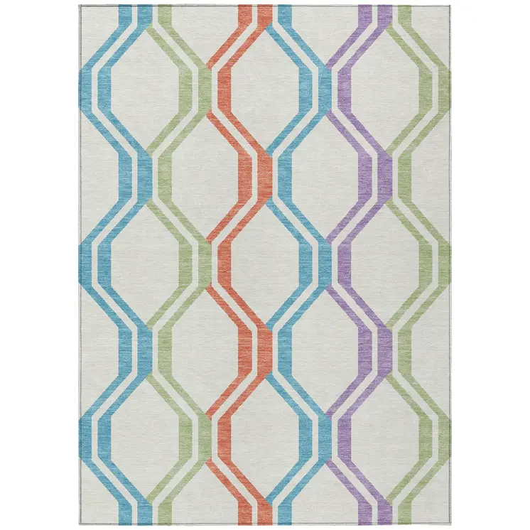 5' X 8' Pearl Blue And Purple Geometric Washable Indoor Outdoor Area Rug