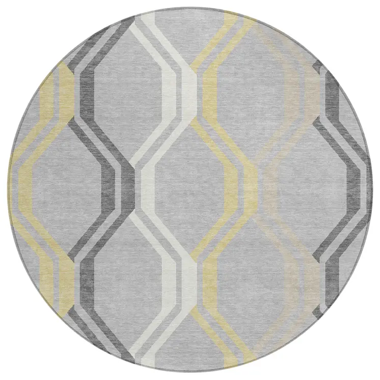8' Silver Beige And Charcoal Round Geometric Washable Indoor Outdoor Area Rug