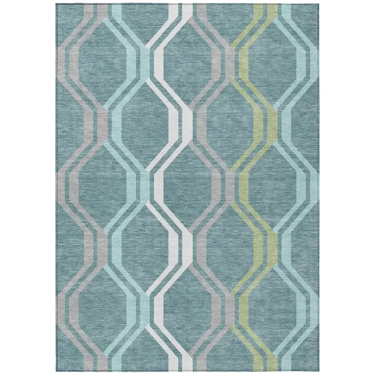 5' X 8' Teal Blue Gray And Ivory Geometric Washable Indoor Outdoor Area Rug