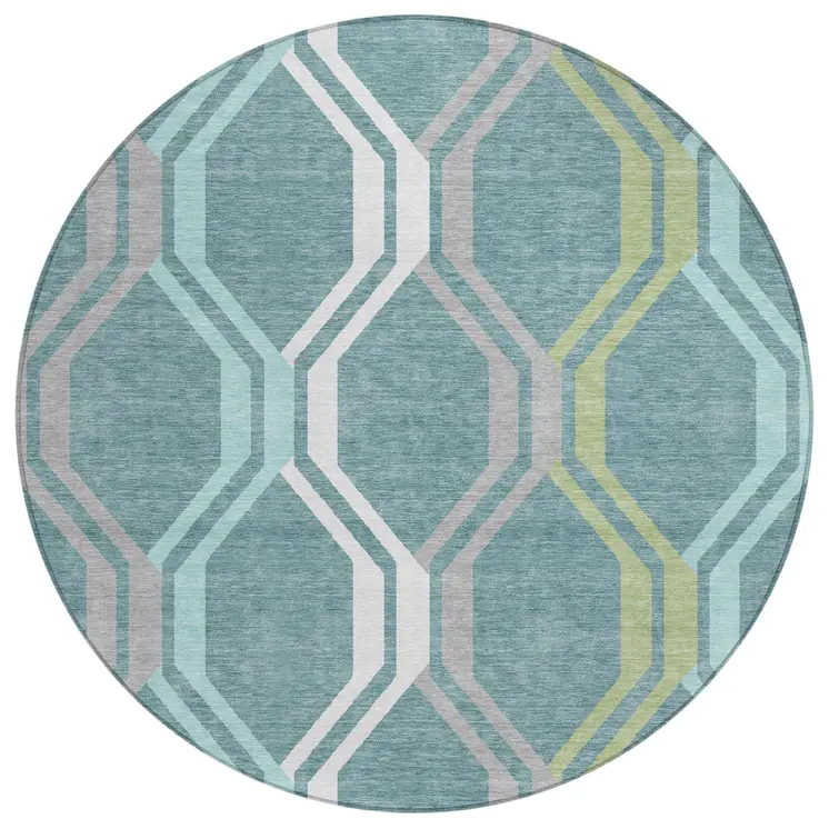 8' Teal Blue Gray And Ivory Round Geometric Washable Indoor Outdoor Area Rug