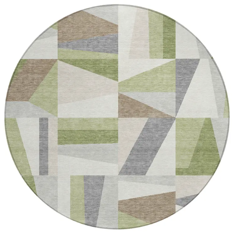 8' Artichoke Green Ivory And Taupe Round Geometric Washable Indoor Outdoor Area Rug