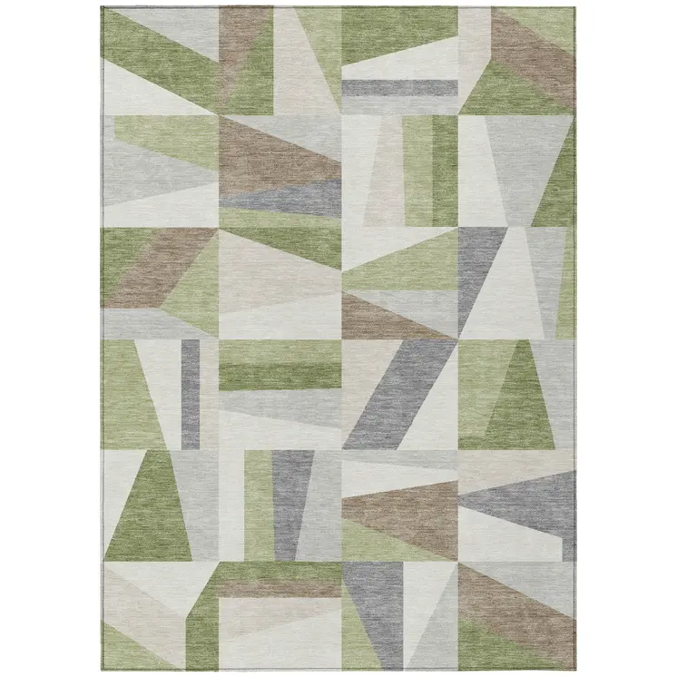 9' X 12' Artichoke Green Ivory And Taupe Geometric Washable Indoor Outdoor Area Rug