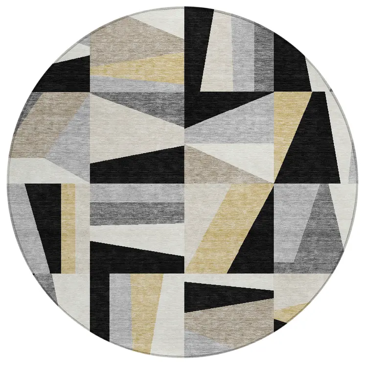 8' Black Wheat And Ivory Round Geometric Washable Indoor Outdoor Area Rug