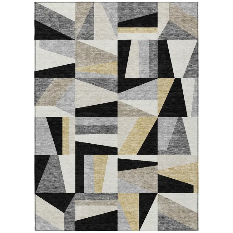 10' X 14' Black Wheat And Ivory Geometric Washable Indoor Outdoor Area Rug