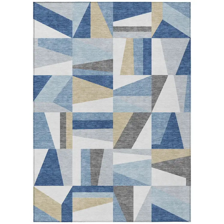 9' X 12' Blue Wheat And Ivory Geometric Washable Indoor Outdoor Area Rug