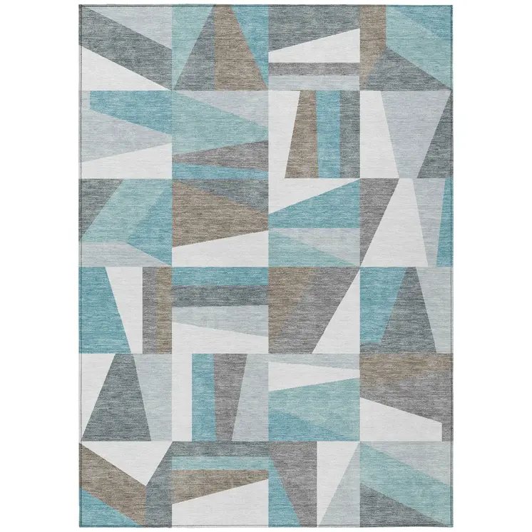 5' X 8' Teal Blue Ivory And Gray Geometric Washable Indoor Outdoor Area Rug