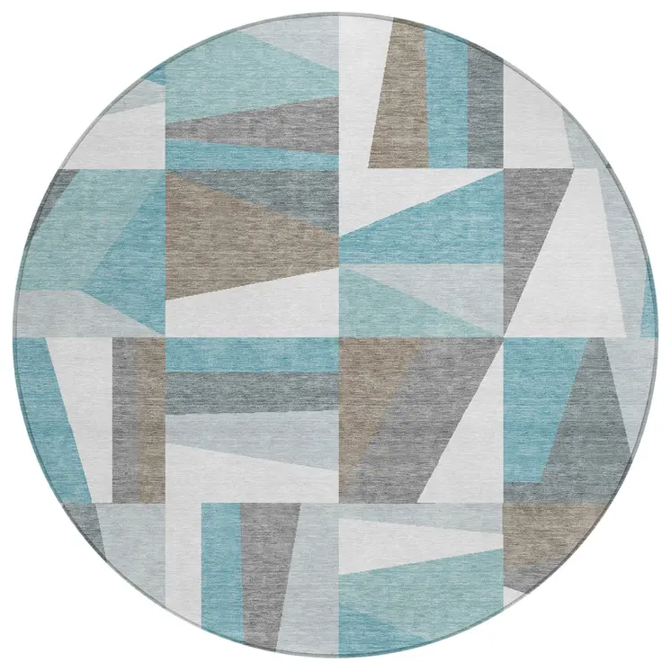 8' Teal Blue Ivory And Gray Round Geometric Washable Indoor Outdoor Area Rug