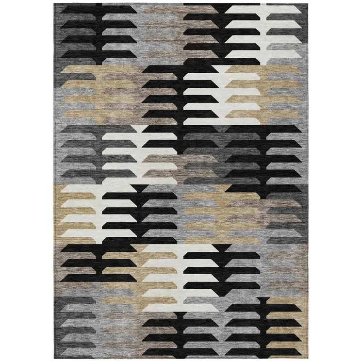 3' X 5' Black White And Wheat Geometric Washable Indoor Outdoor Area Rug