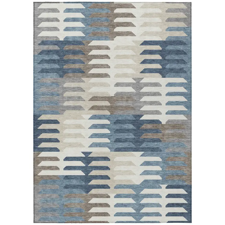8' X 10' Denim Blue Beige And Ivory Geometric Washable Indoor Outdoor Area Rug