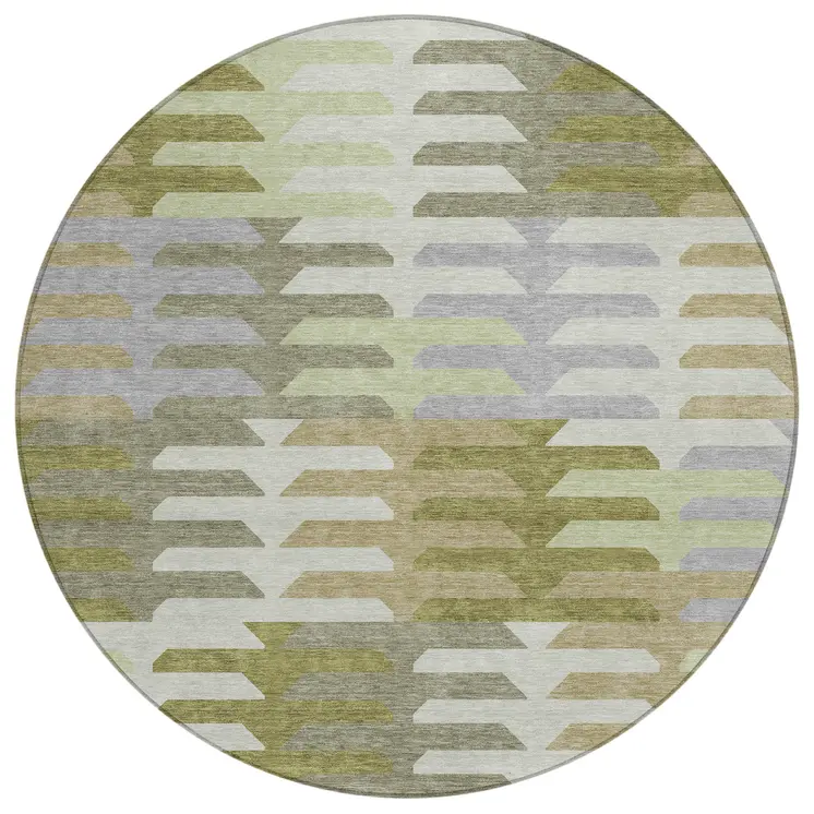 8' Fern Green Gray And Ivory Round Geometric Washable Indoor Outdoor Area Rug