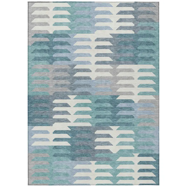9' X 12' Teal Blue Ivory And Gray Geometric Washable Indoor Outdoor Area Rug