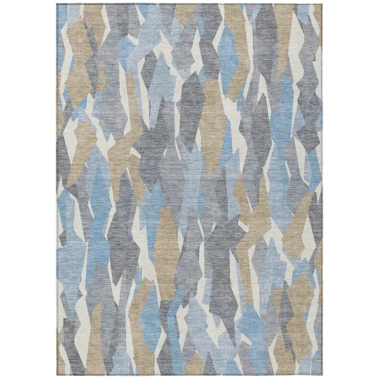 5' X 8' Denim Blue Khaki And Ivory Striped Washable Indoor Outdoor Area Rug