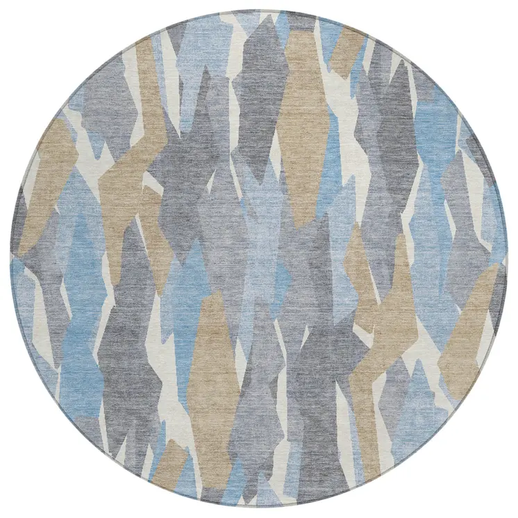 8' Denim Blue Khaki And Ivory Round Striped Washable Indoor Outdoor Area Rug