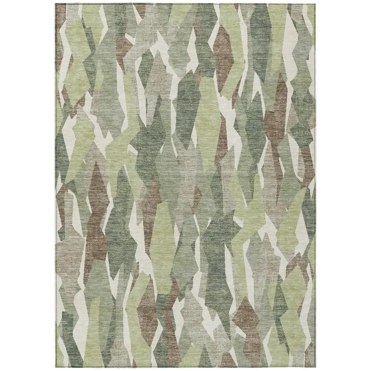 8' X 10' Fern Green Tan And Ivory Striped Washable Indoor Outdoor Area Rug