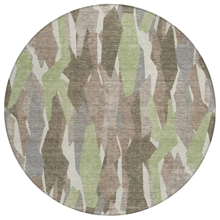 8' Coffee Fern Green And Khaki Round Striped Washable Indoor Outdoor Area Rug