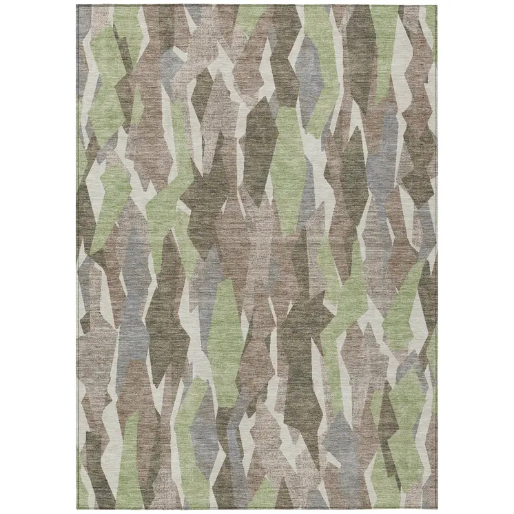 8' X 10' Coffee Fern Green And Khaki Striped Washable Indoor Outdoor Area Rug