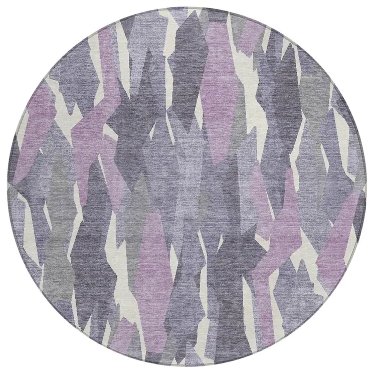 8' Purple Gray And Ivory Round Striped Washable Indoor Outdoor Area Rug