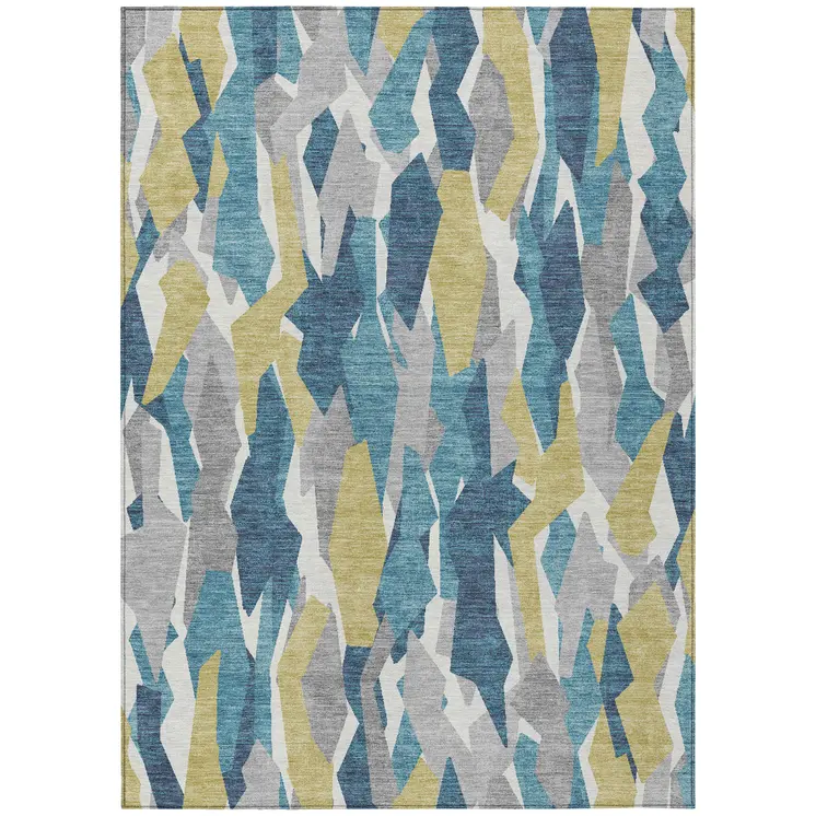 9' X 12' Teal Blue Yellow And Ivory Striped Washable Indoor Outdoor Area Rug