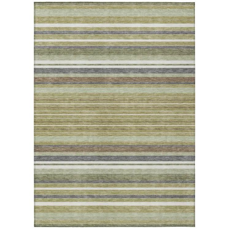 3' X 5' Artichoke Green Pewter And Ivory Striped Washable Indoor Outdoor Area Rug