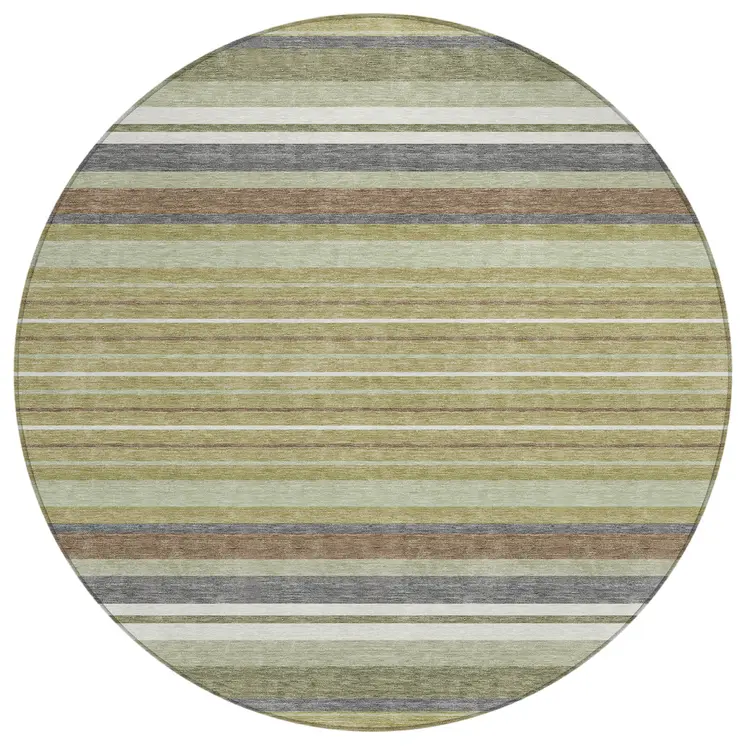 8' Artichoke Green Pewter And Ivory Round Striped Washable Indoor Outdoor Area Rug