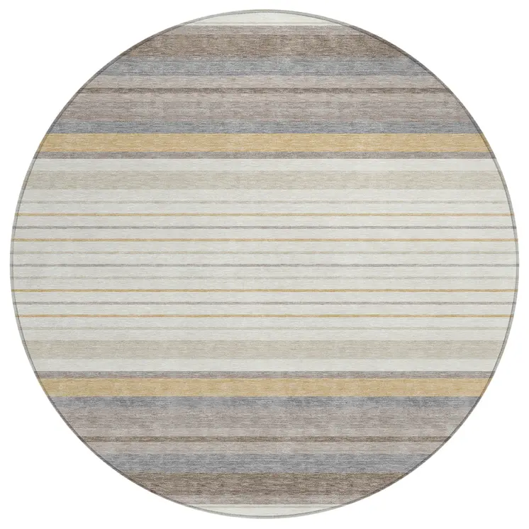 8' Ivory Taupe And Beige Round Striped Washable Indoor Outdoor Area Rug