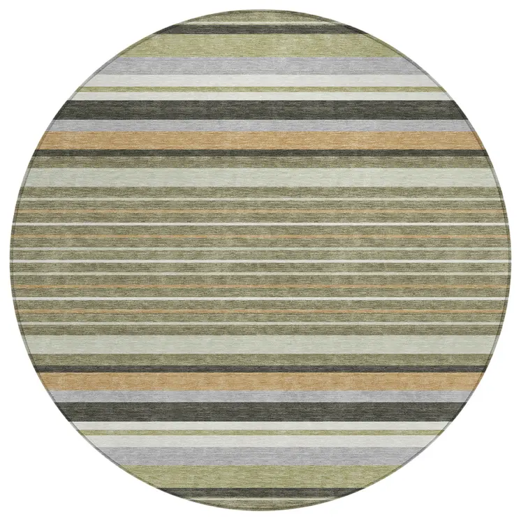 8' Olive Green Copper And Ivory Round Striped Washable Indoor Outdoor Area Rug