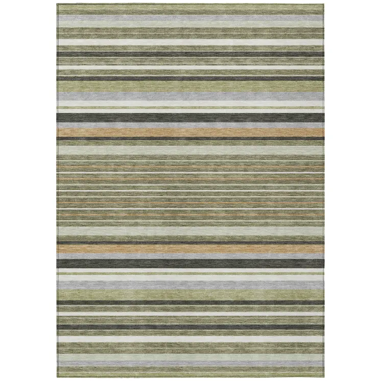 9' X 12' Olive Green Copper And Ivory Striped Washable Indoor Outdoor Area Rug