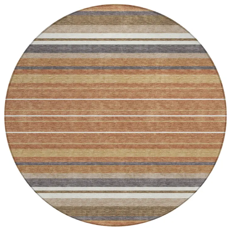 8' Chili Red Ivory And Gold Round Striped Washable Indoor Outdoor Area Rug